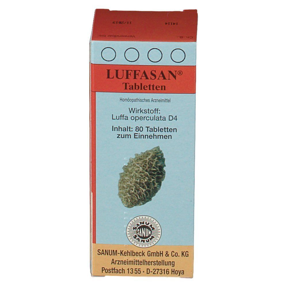 Eine Packung Luffasan Tabletten, 80 Tabletten, mit Luffa operculata Abbildung.