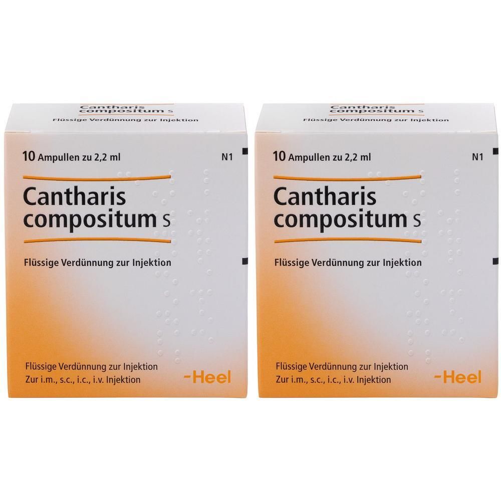 Zwei Packungen Cantharis compositum S, flüssige Verdünnung zur Injektion, 10 Ampullen à 2,2 ml.
