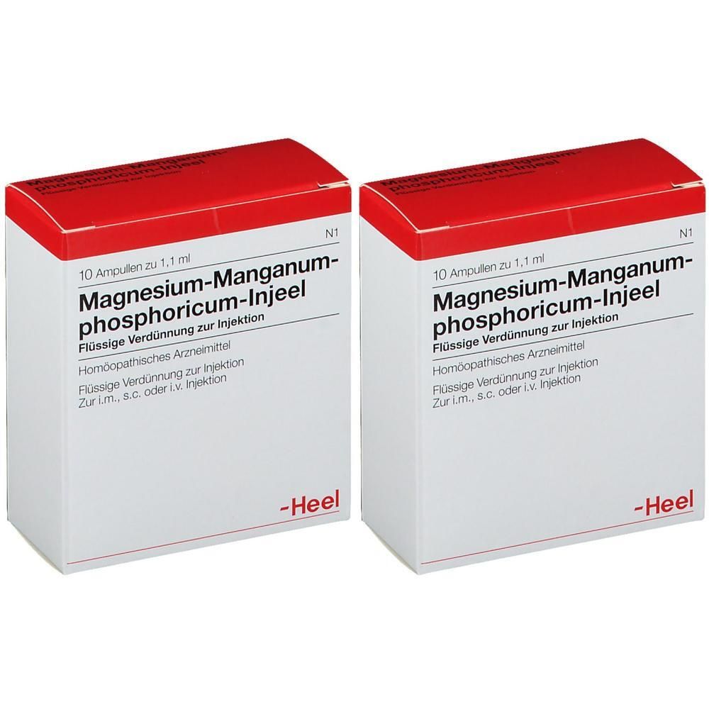 Zwei Packungen Magnesium-Manganum-phosphoricum-Injeel, 10 Ampullen zu 1,1 ml, von Heel.