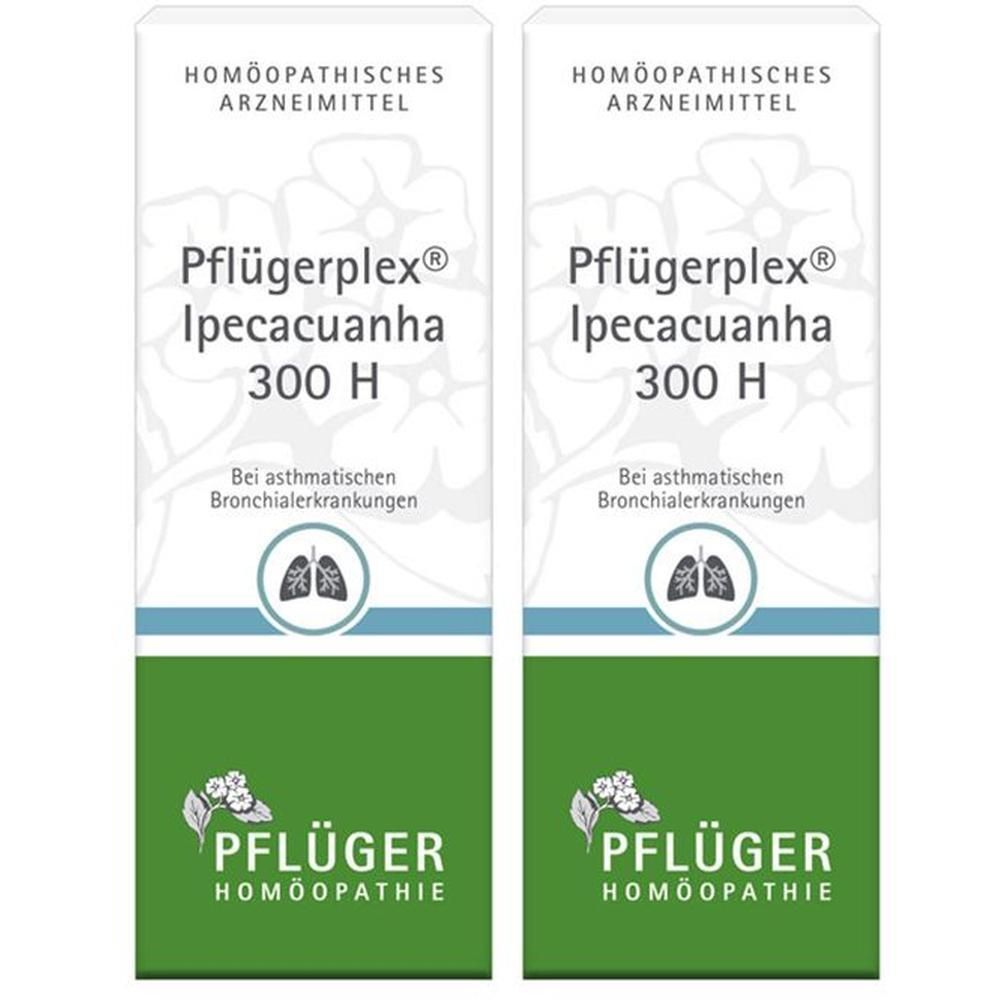 Zwei Packungen Pflügerplex Ipecacuanha 300 H, homöopathisches Arzneimittel bei asthmatischen Bronchialerkrankungen.