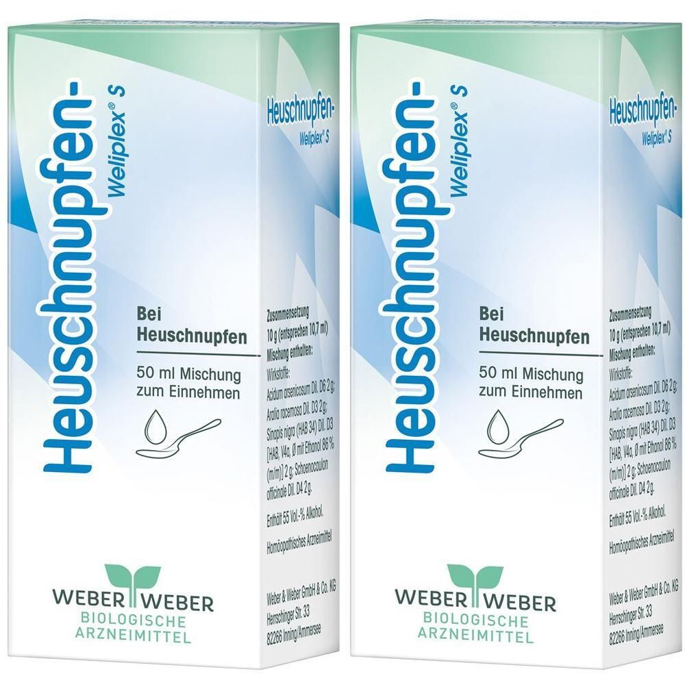 Zwei Packungen Heuschnupfen-Weliplex® S, 50 ml Mischung zum Einnehmen. Weber & Weber Biologische Arzneimittel.
