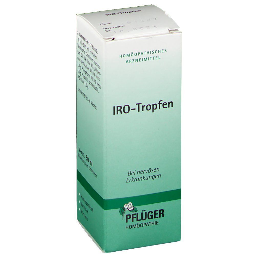 Packung IRO-Tropfen, homöopathisches Arzneimittel. Vorderseite zeigt Produktnamen und Anwendungsgebiet.