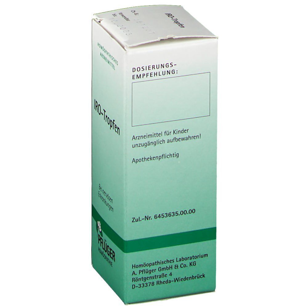 Rückseite einer Packung IRO-Tropfen. Enthält Dosierungsempfehlung und Zulassungsinformationen.