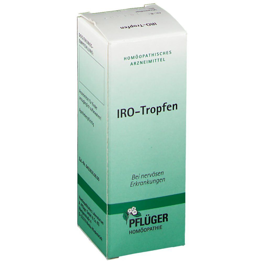 Seitenansicht einer Packung IRO-Tropfen. Beschriftung auf dem Kopf stehend.