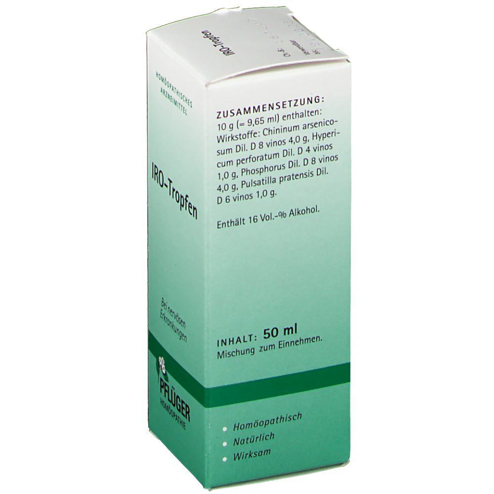 Packung IRO-Tropfen, 50 ml. Vorderseite mit Zusammensetzung und Inhaltsangabe.