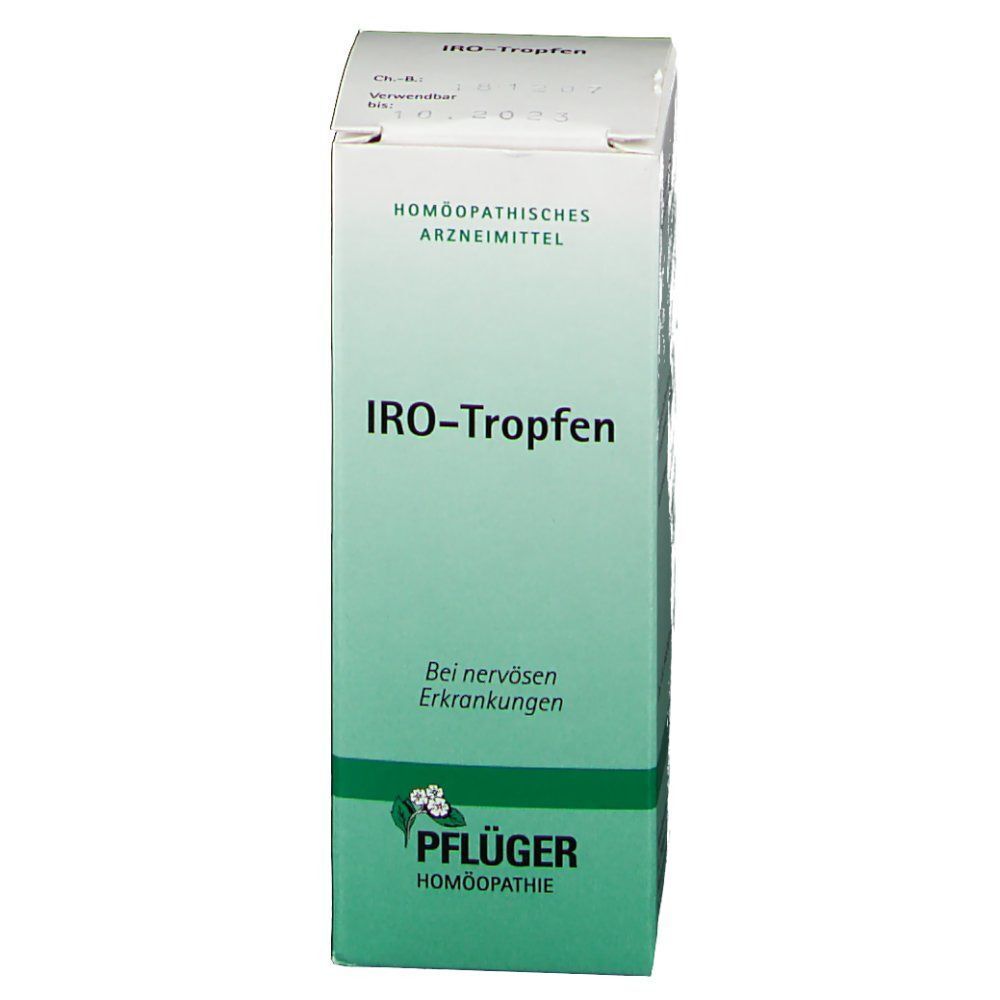 Packung IRO-Tropfen, homöopathisches Arzneimittel. Grüne und weiße Verpackung mit floralem Muster.