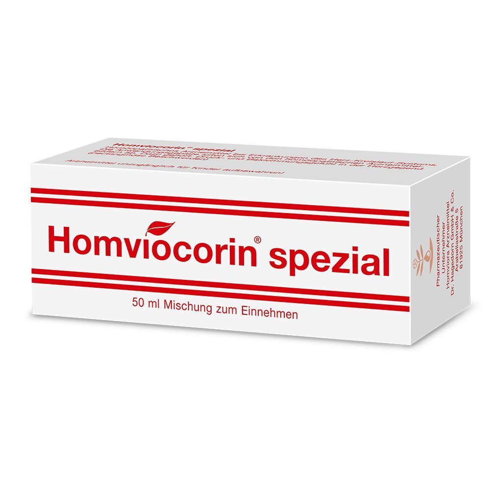 Weiße Schachtel mit roter Schrift "Homviocorin spezial" und "50 ml Mischung zum Einnehmen".