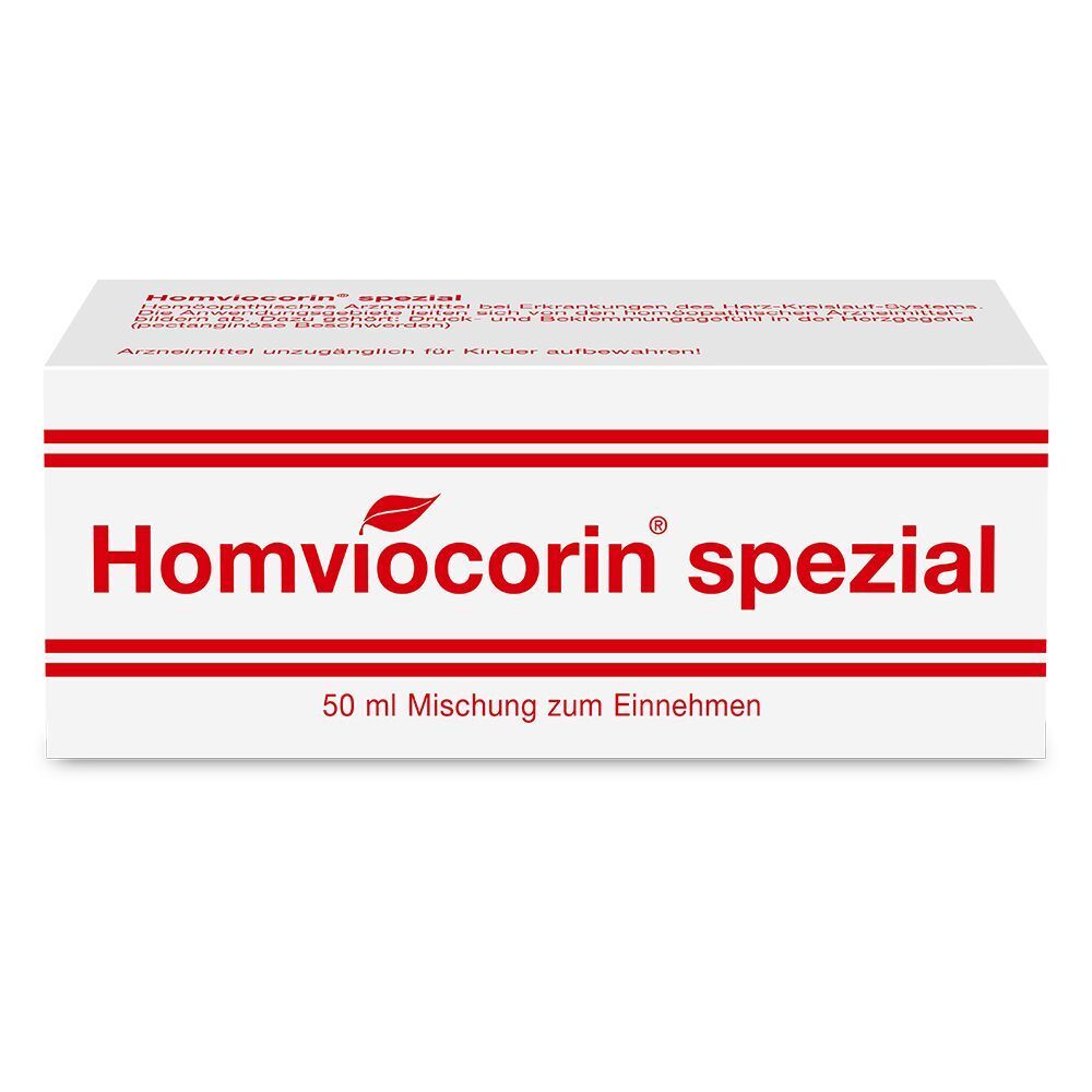 Weiße Schachtel mit roter Schrift "Homviocorin spezial" und "50 ml Mischung zum Einnehmen".