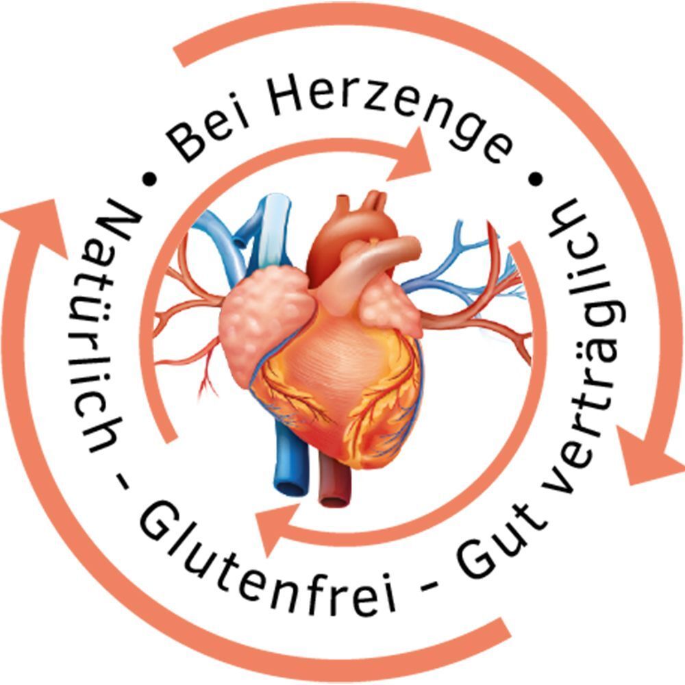 Symbol mit menschlichem Herzen, umgeben von einem Kreis mit Texten wie "Bei Herzgänge", "Gut verträglich", "Glutenfrei", "Natürlich".