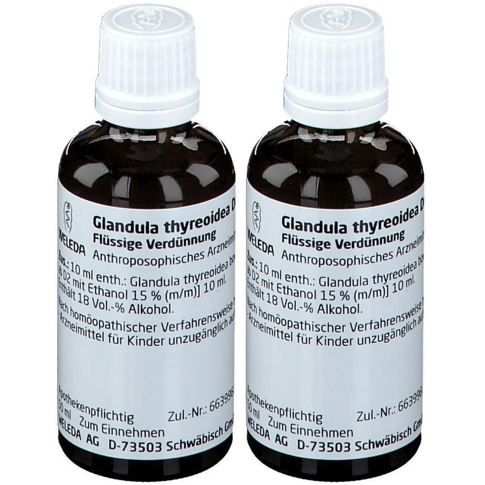 Zwei Flaschen Glandula Thyreoidea D6 von W.E.D.A. mit je 10 ml Inhalt.
