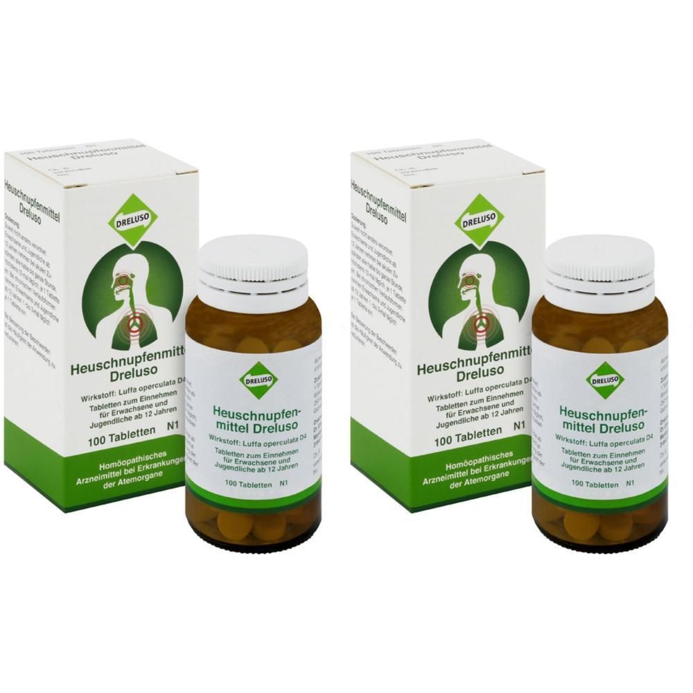 Zwei Packungen Heuschnupfenmittel Dreluso Tabletten, 100 Stück pro Packung.