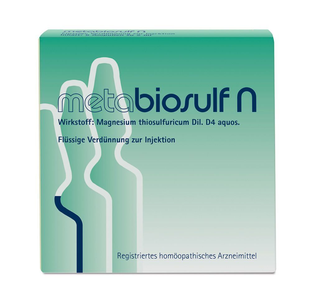 Verpackung von Metabiosulf N, flüssige Verdünnung zur Injektion. Wirkstoff: Magnesium thiosulfuricum Dil. D4 aquos.
