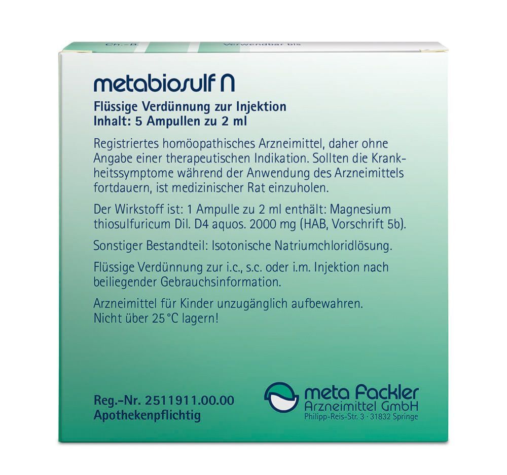 Verpackung von Metabiosulf N, flüssige Verdünnung zur Injektion, 5 Ampullen zu je 2 ml.