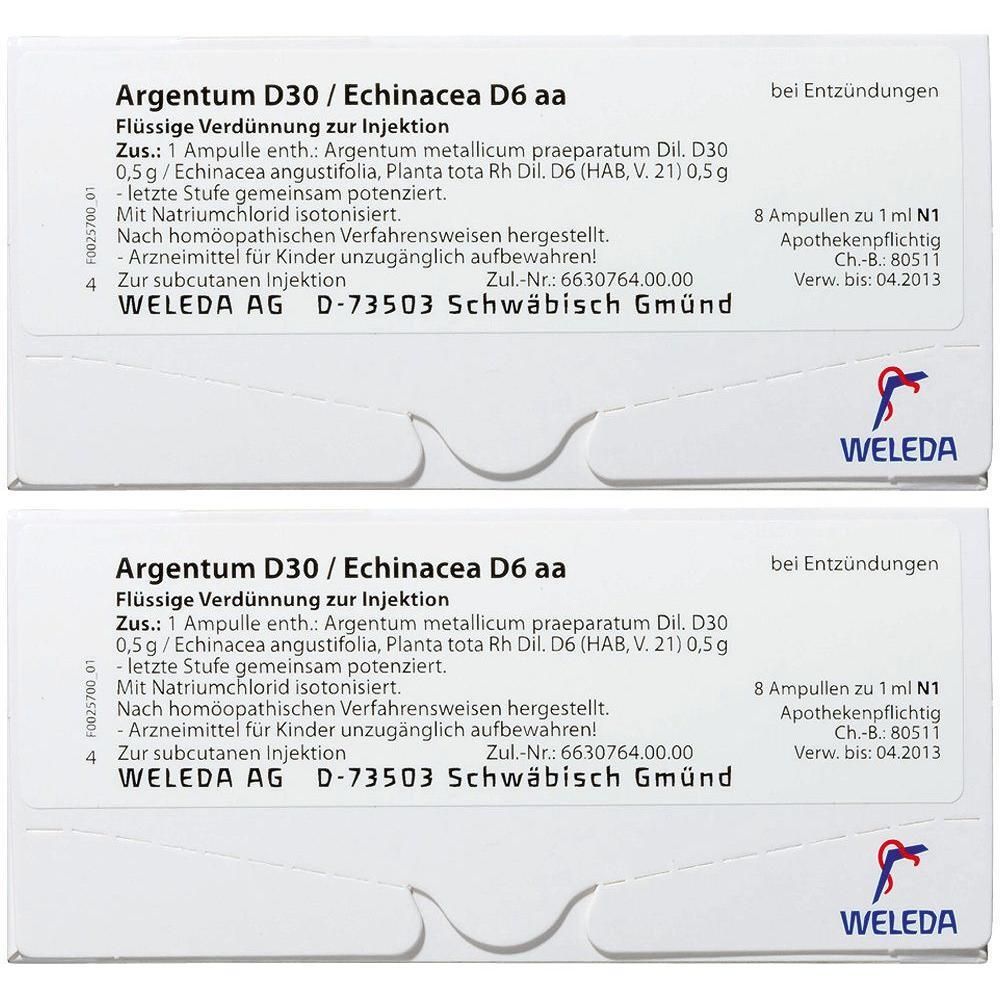 Zwei Packungen Argentum D30 / Echinacea D6 aa, flüssige Verdünnung zur Injektion, 8 Ampullen zu 1 ml N1.