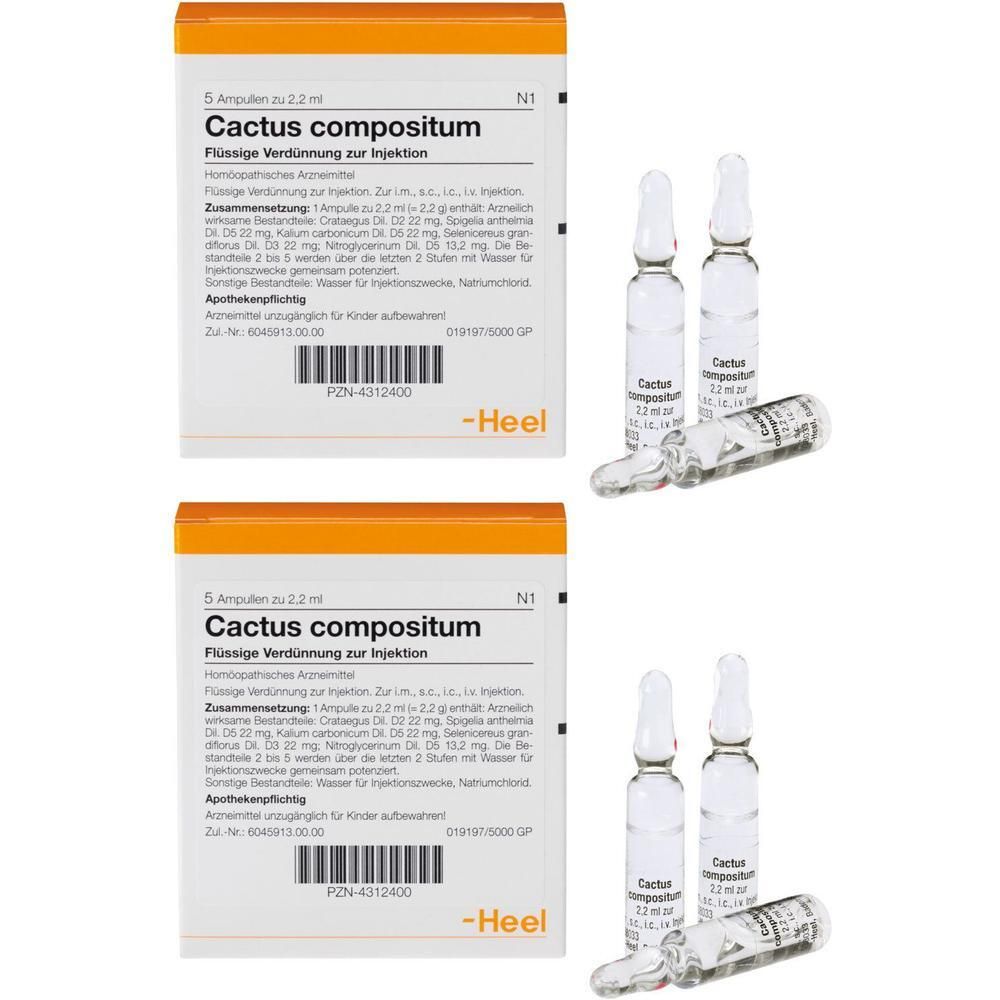 Zwei Packungen Cactus compositum Ampullen, jeweils 5 Ampullen zu 2,2 ml. Heel.