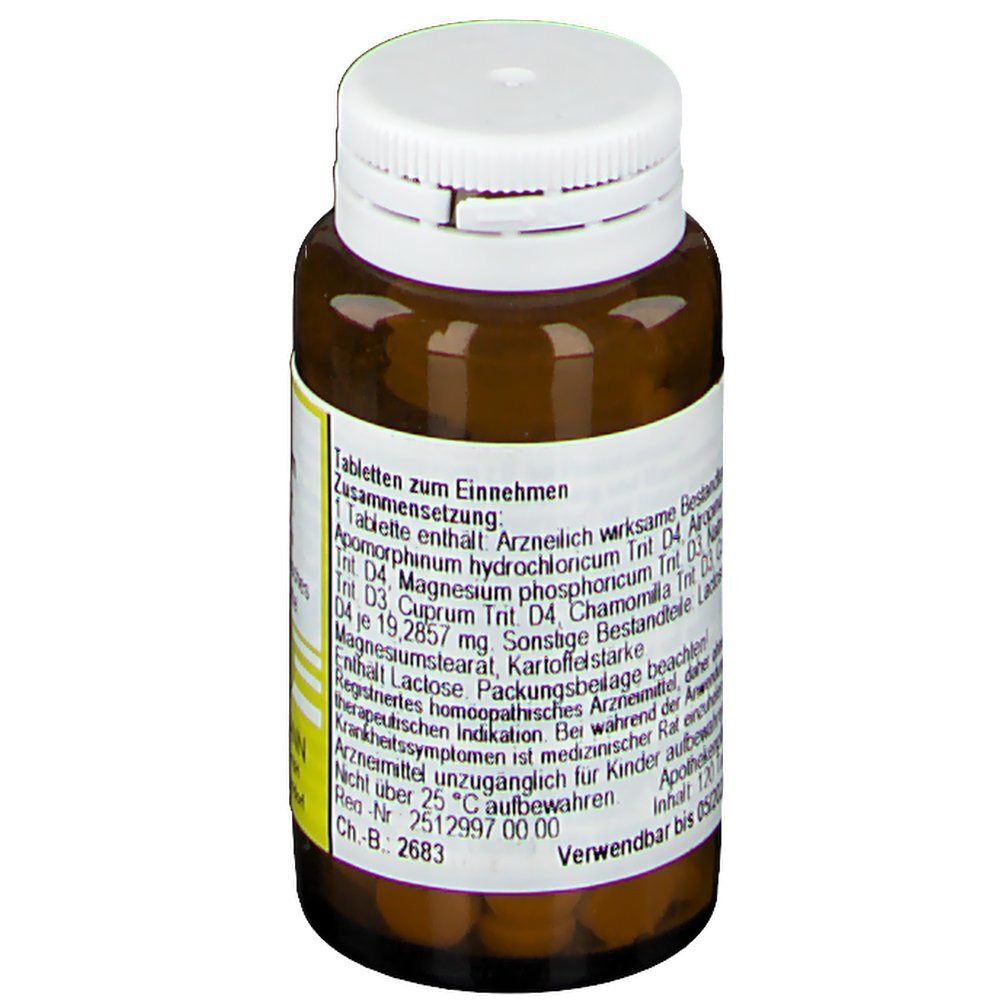 Braune Glasflasche mit weißem Schraubverschluss, gefüllt mit kleinen Tabletten. Gelbes Etikett mit detaillierten Anwendungsinformationen.