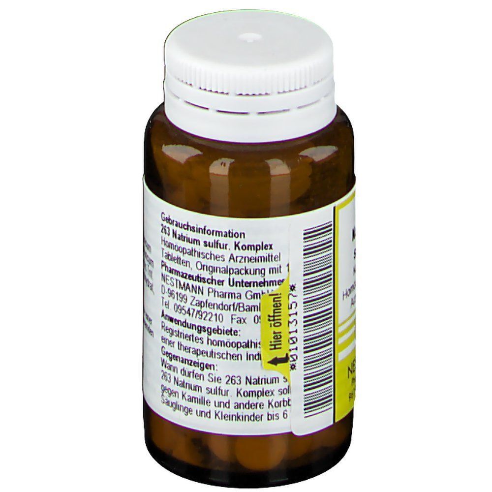 Seitenansicht einer braunen Glasflasche mit weißem Schraubverschluss. Gelbes Etikett mit Barcode und Anwendungshinweisen.