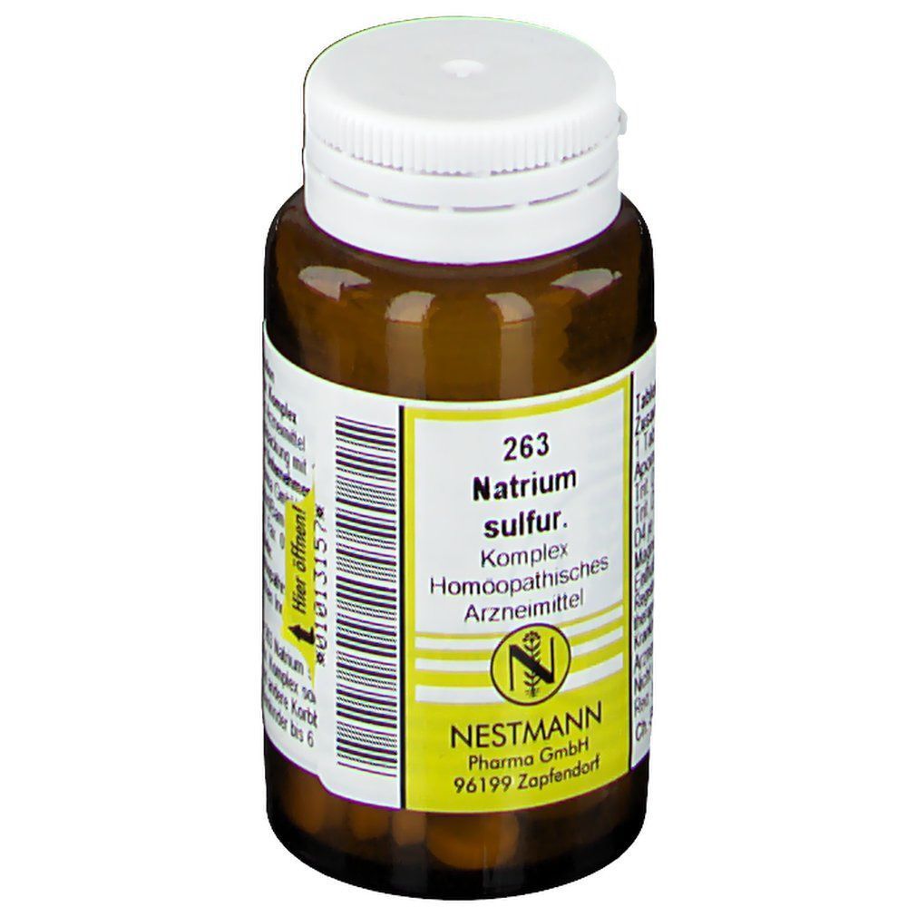 Braune Glasflasche mit weißem Schraubverschluss, gefüllt mit kleinen Tabletten. Gelbes Etikett mit Produktname und Herstellerangaben.