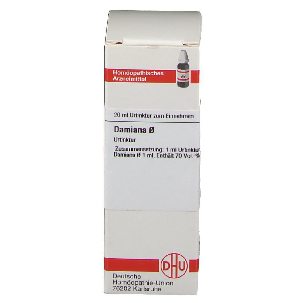 Vorderseite einer Packung DHU Damiana Urtinktur, 20 ml, mit Produktinformationen.
