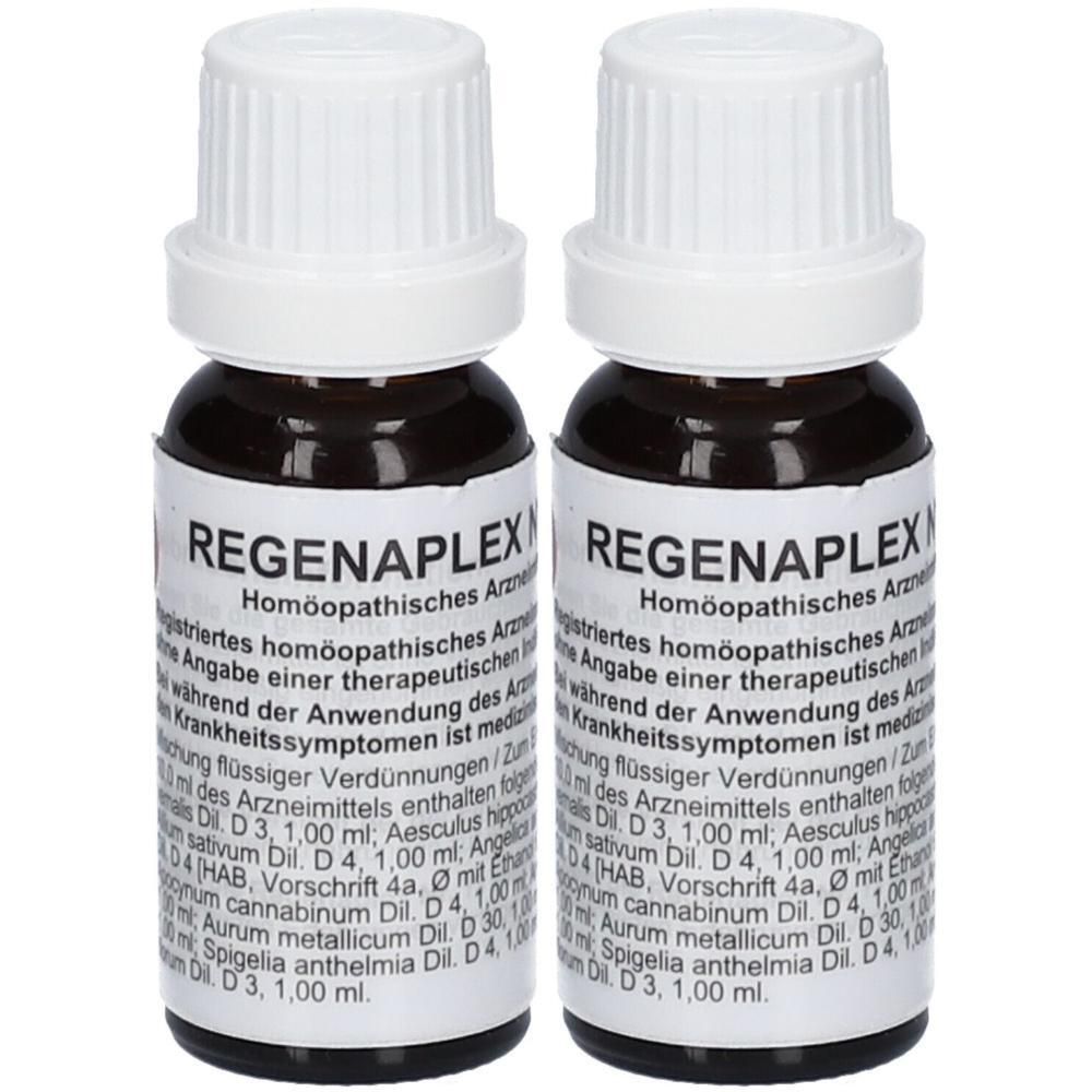 Zwei Tropfenflaschen mit weißen Verschlüssen und Etiketten, die "REGENAPLEX" zeigen.
