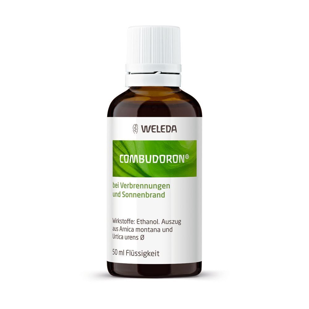 Eine Flasche Combudoron® von Weleda, 50 ml Flüssigkeit, mit Etikett und weißem Verschluss.