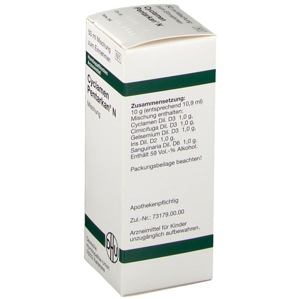 Packung DHU Cyclamen Pentarkan N, 50 ml Mischung zum Einnehmen, mit Zusammensetzung und Anwendungshinweisen.