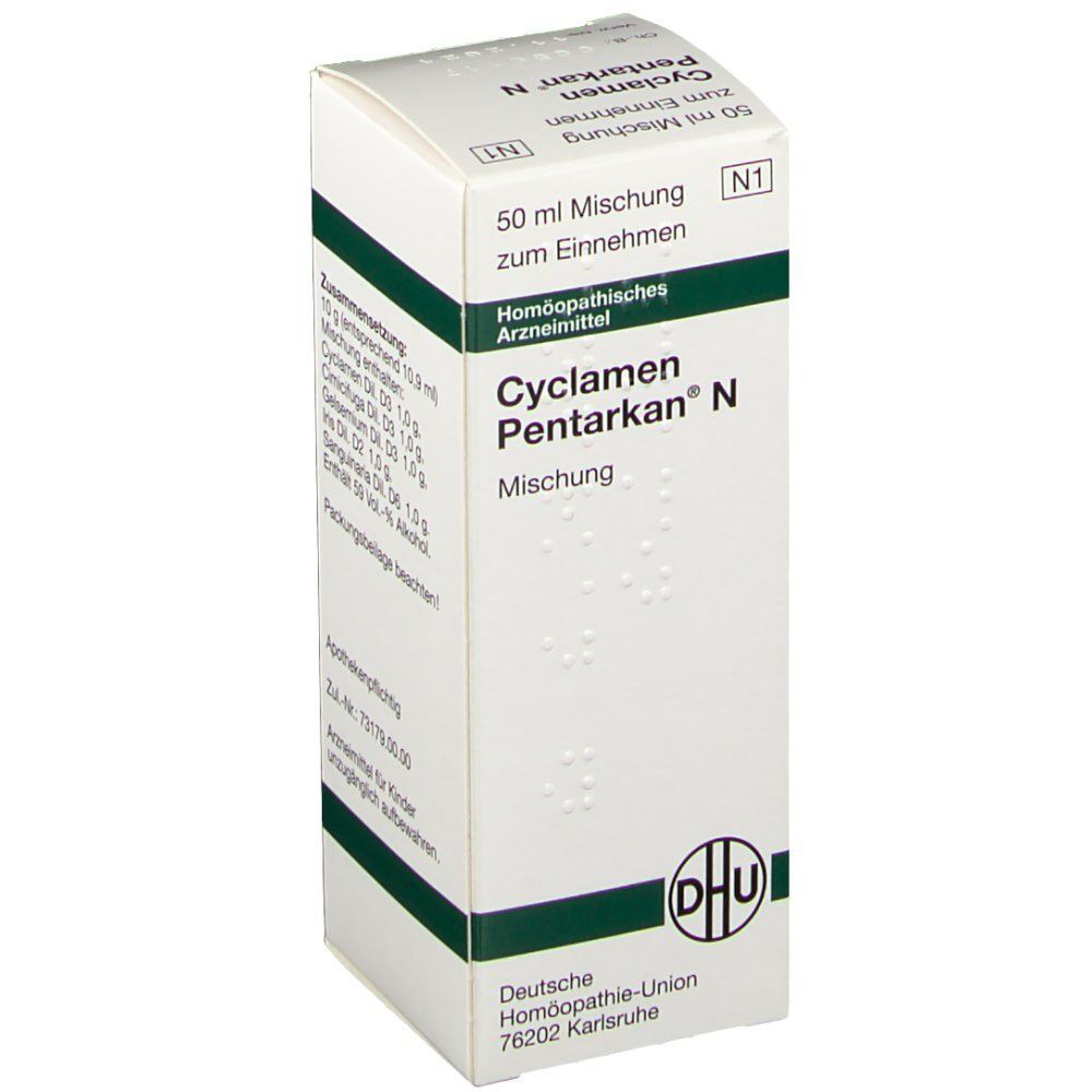 Packung DHU Cyclamen Pentarkan N, 50 ml Mischung zum Einnehmen, Vorderseite mit Produktinformationen.