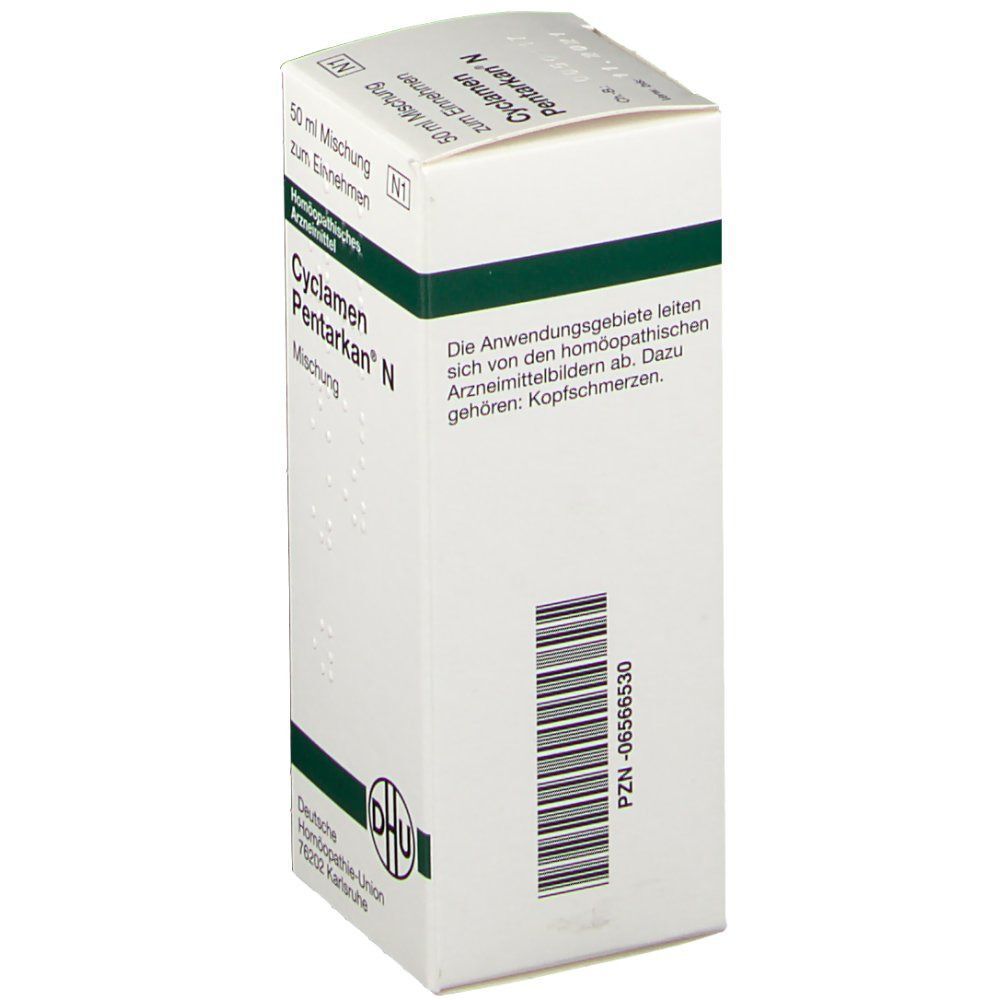 Packung DHU Cyclamen Pentarkan N, 50 ml Mischung zum Einnehmen, Rückseite mit Anwendungshinweisen und PZN.