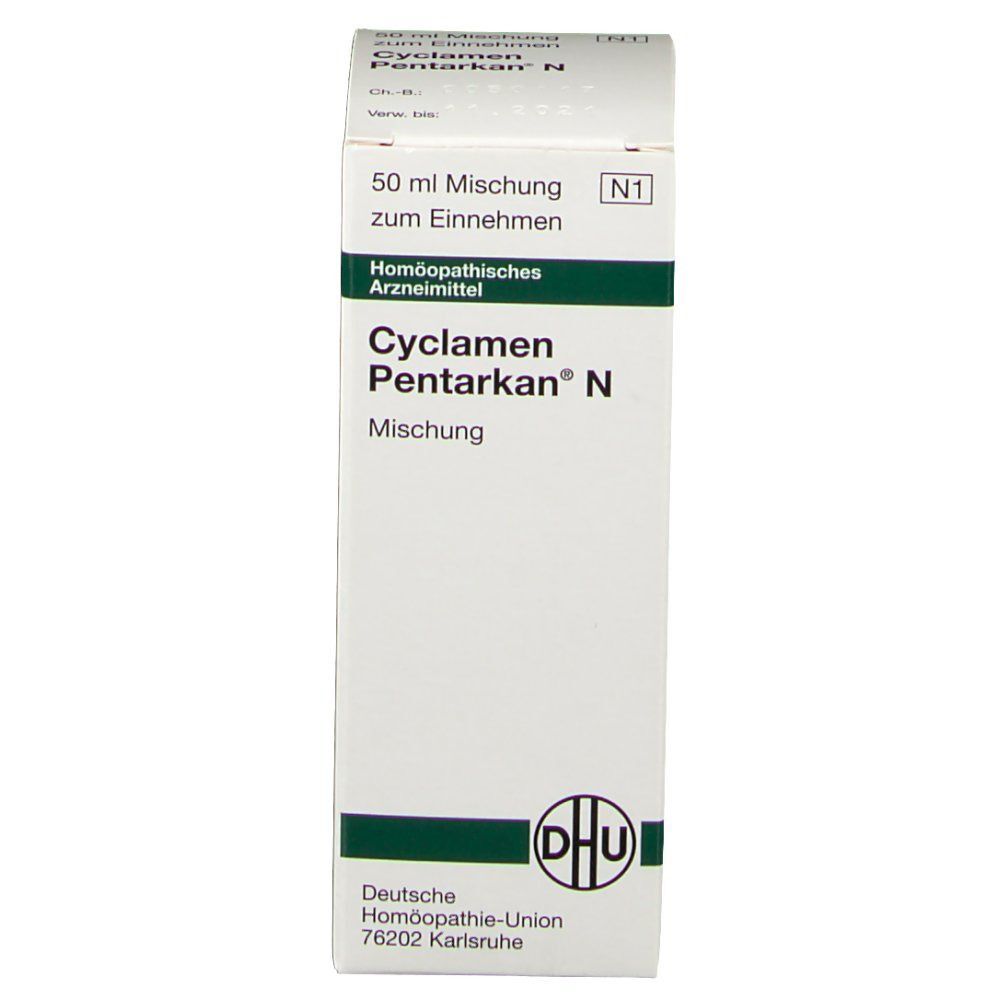 Packung DHU Cyclamen Pentarkan N, 50 ml Mischung zum Einnehmen, Vorderseite mit DHU Logo.