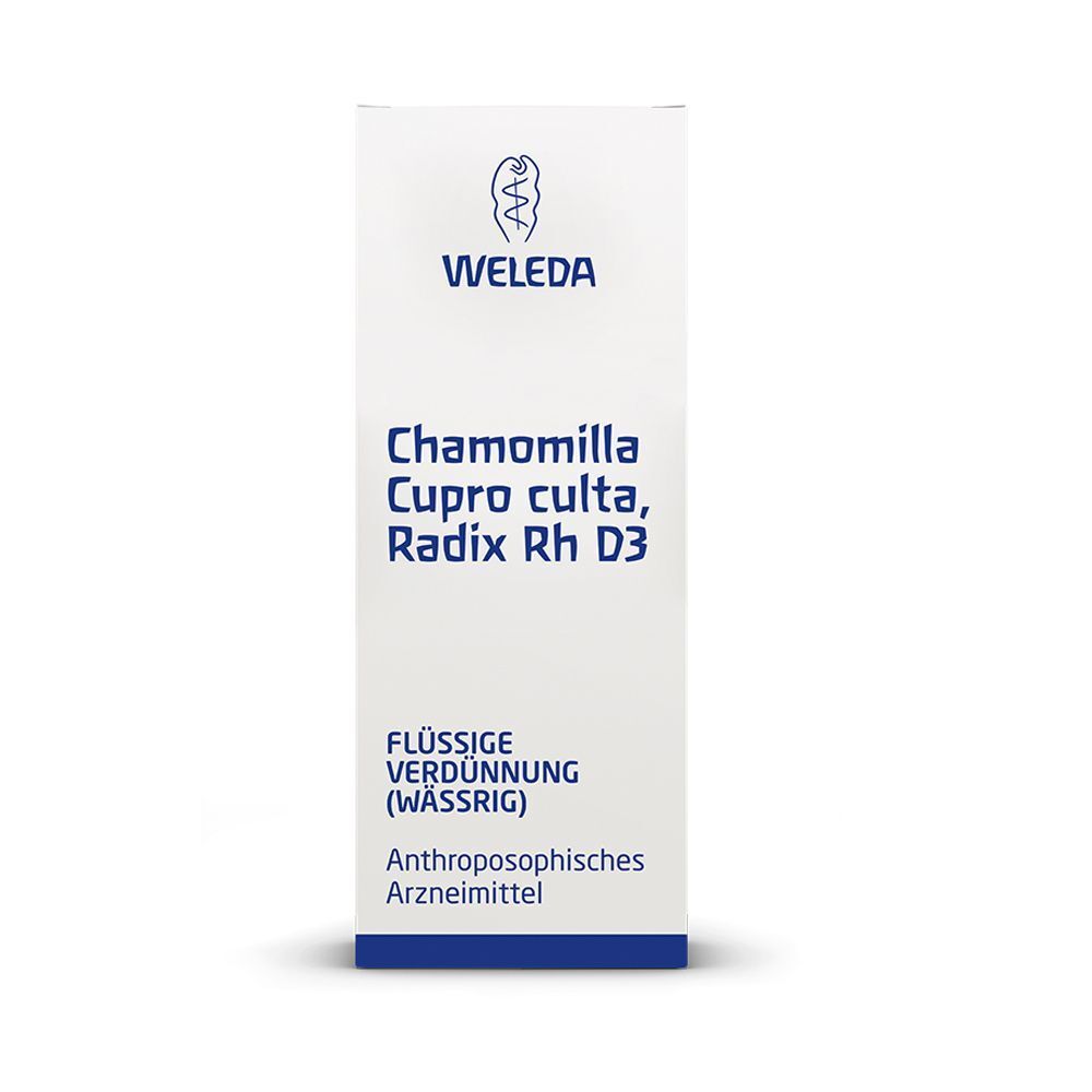 Eine Schachtel von Weleda Chamomilla Cupro culta, Radix Rh D3 Tropfen.