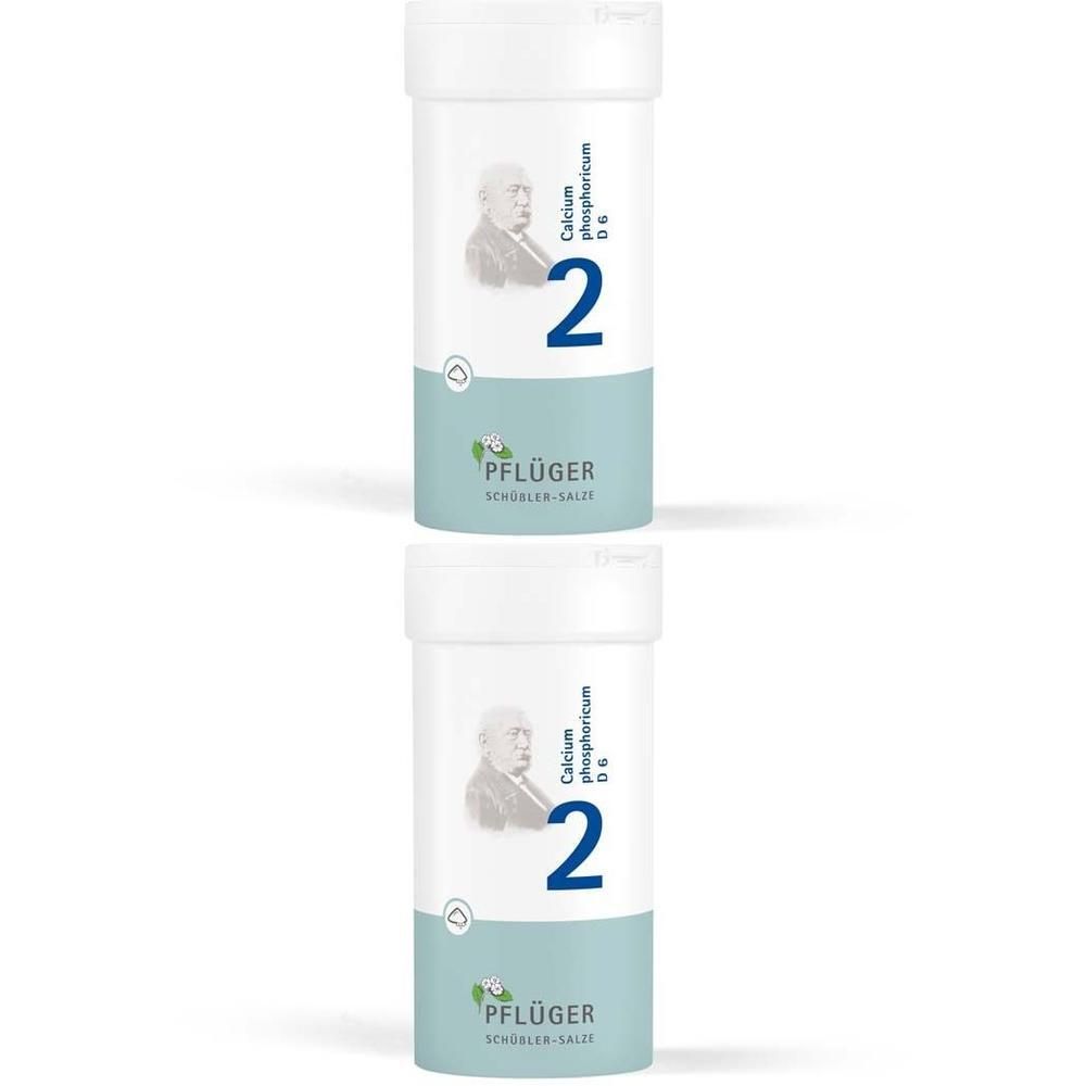 Zwei Schüßler-Salz Nr. 2 Calcium phosphoricum D6 Fläschchen von Pflüger.