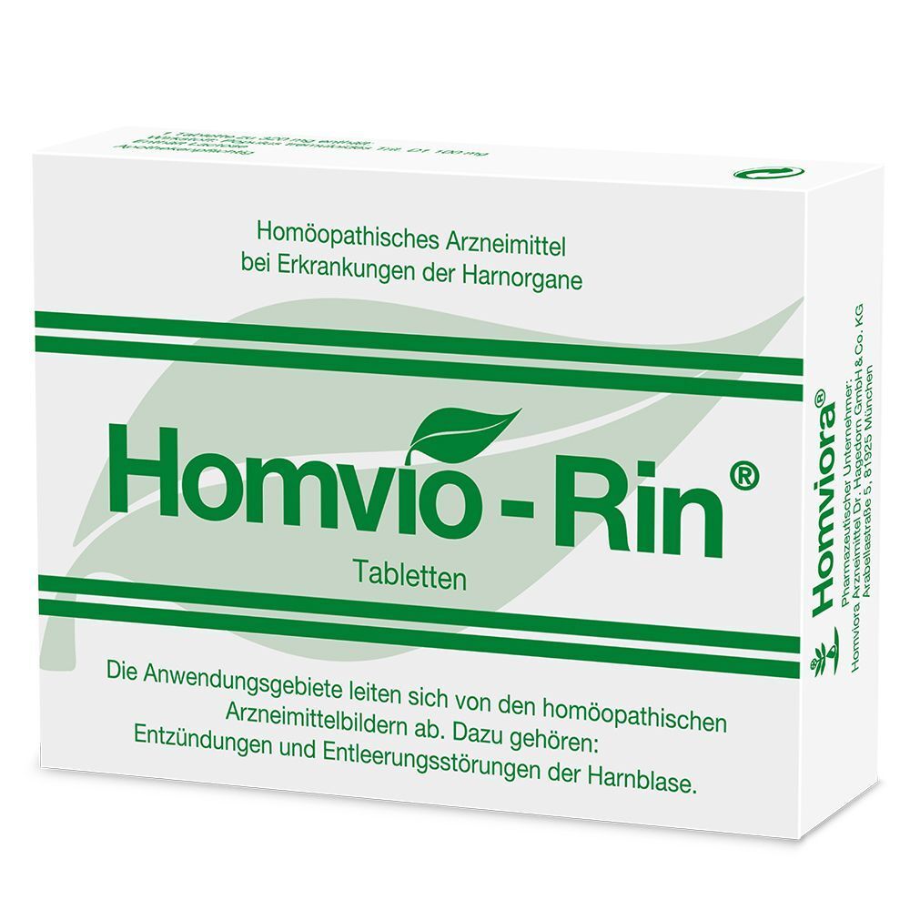 Packung Homvio-Rin Tabletten, weiß mit grüner Schrift, Blattmotiv und Herstellerangaben.