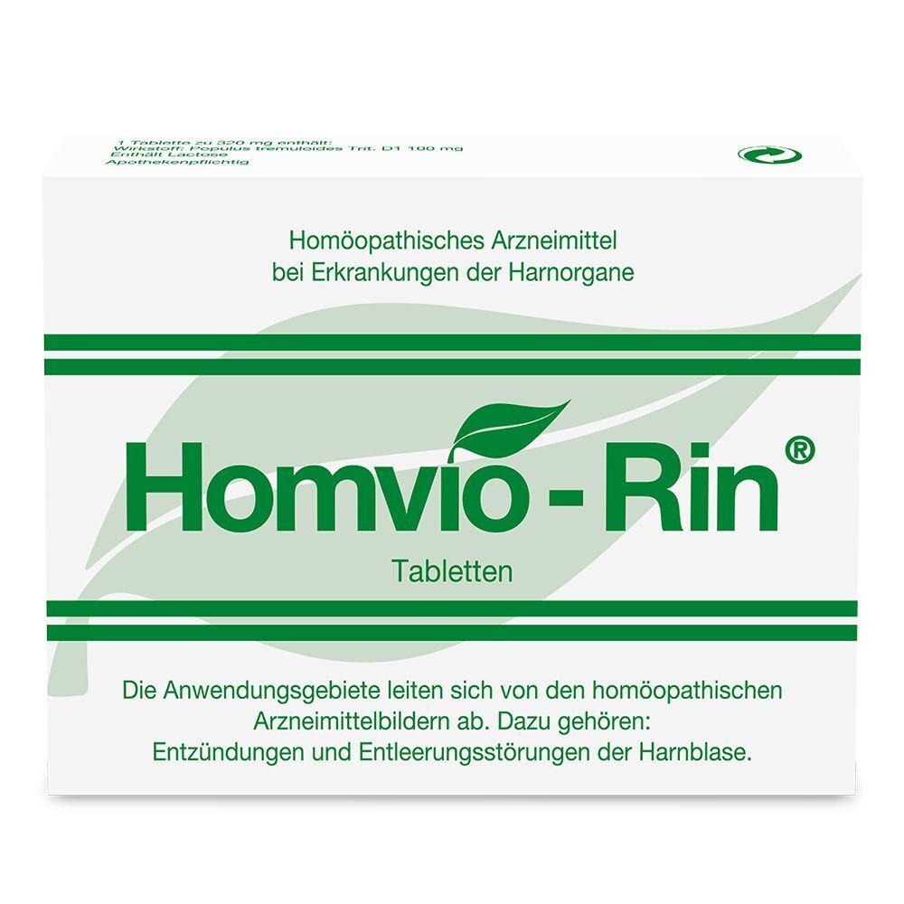 Packung Homvio-Rin Tabletten, weiß mit grüner Schrift, Blattmotiv und Dosierungsangabe.