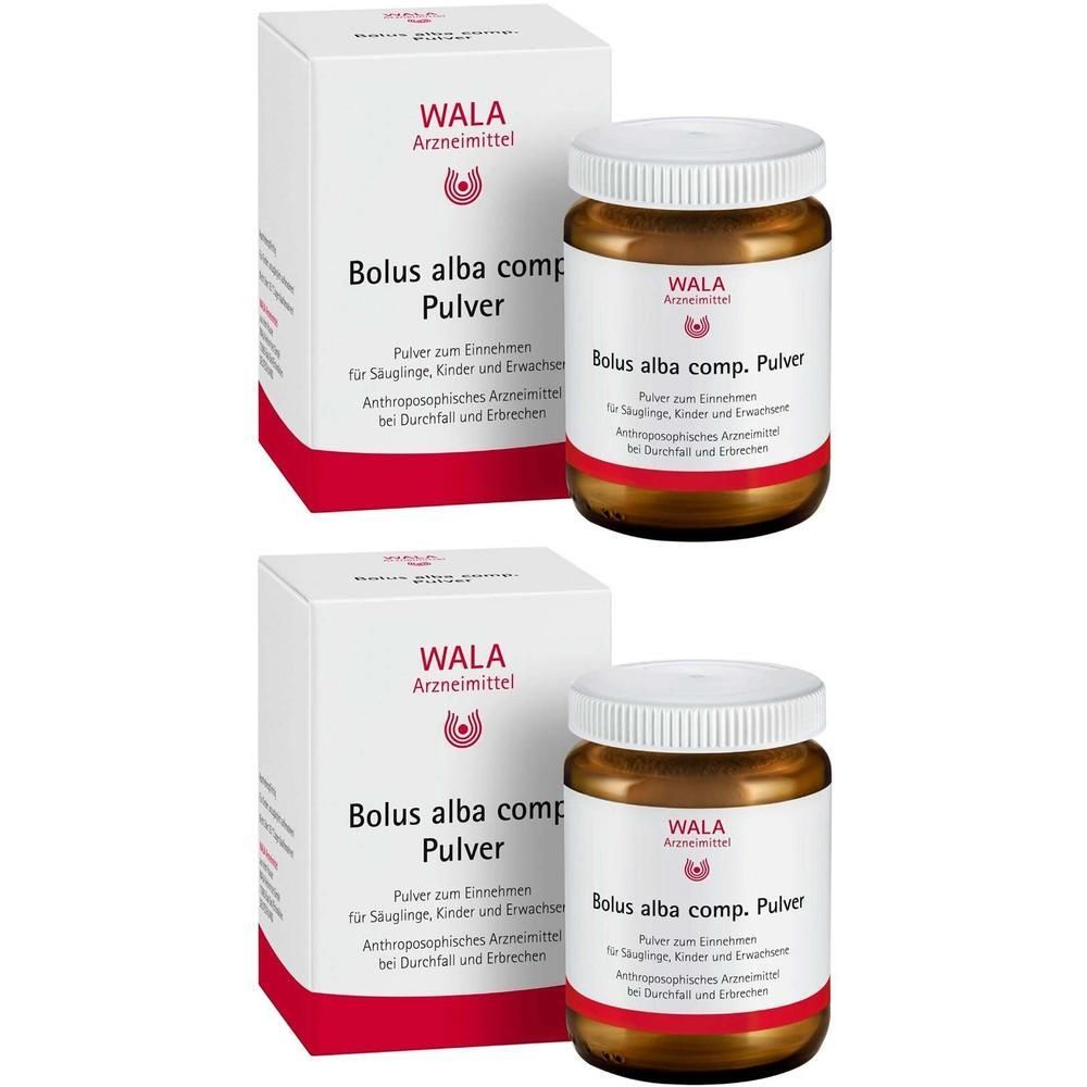 Zwei Packungen WALA Bolus alba comp. Pulver. Weiße Kartons mit rotem Design und Braunglasfläschchen.