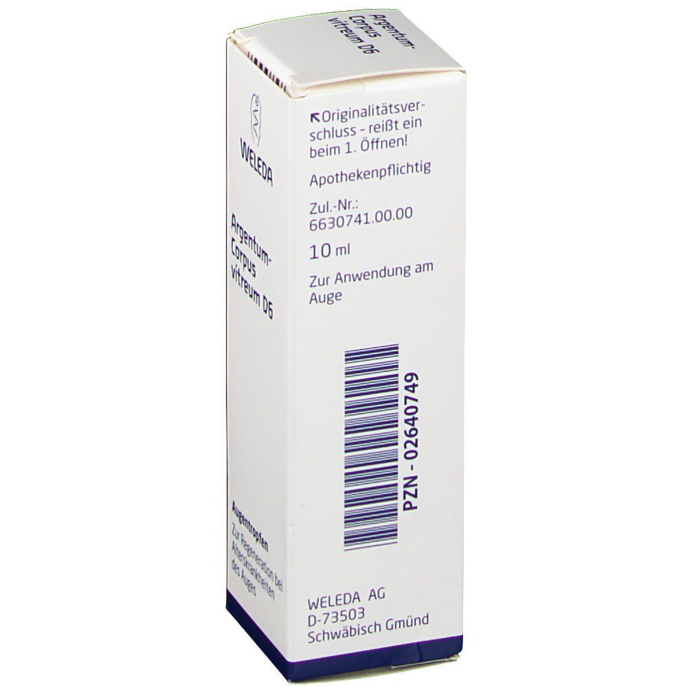 Rückseite einer Packung Weleda Argentum-Corpus vitreum D6 Augentropfen, 10ml.