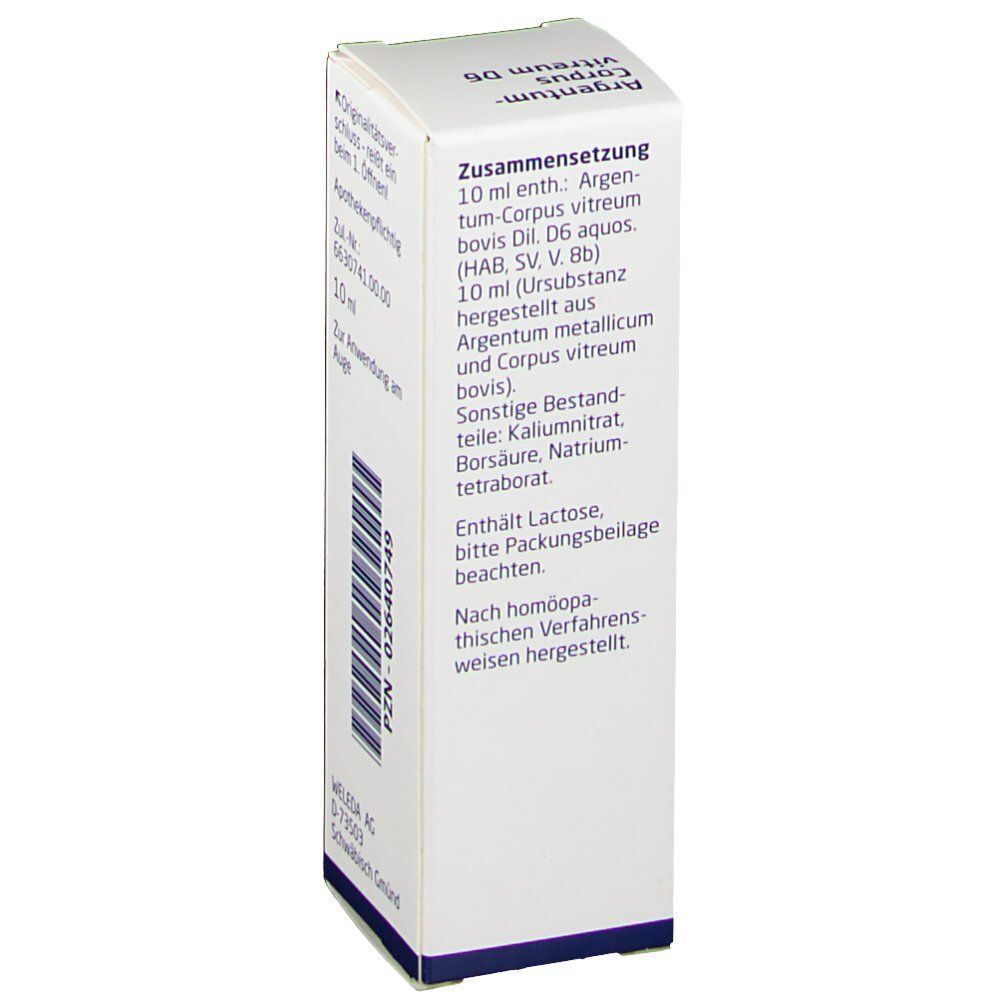 Seitenansicht einer Packung Weleda Argentum-Corpus vitreum D6 Augentropfen mit Inhaltsstoffen.