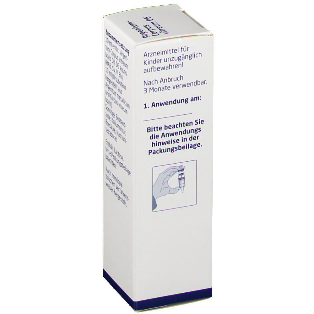 Vorderseite einer Packung Weleda Argentum-Corpus vitreum D6 Augentropfen mit Anwendungshinweis.