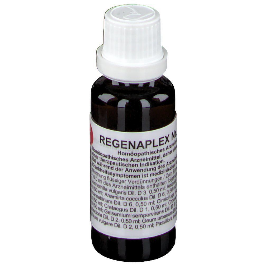 Braune Glasflasche mit weißem Schraubverschluss, gefüllt mit Regenaplex Nr. 148a. Etikett mit Informationen.