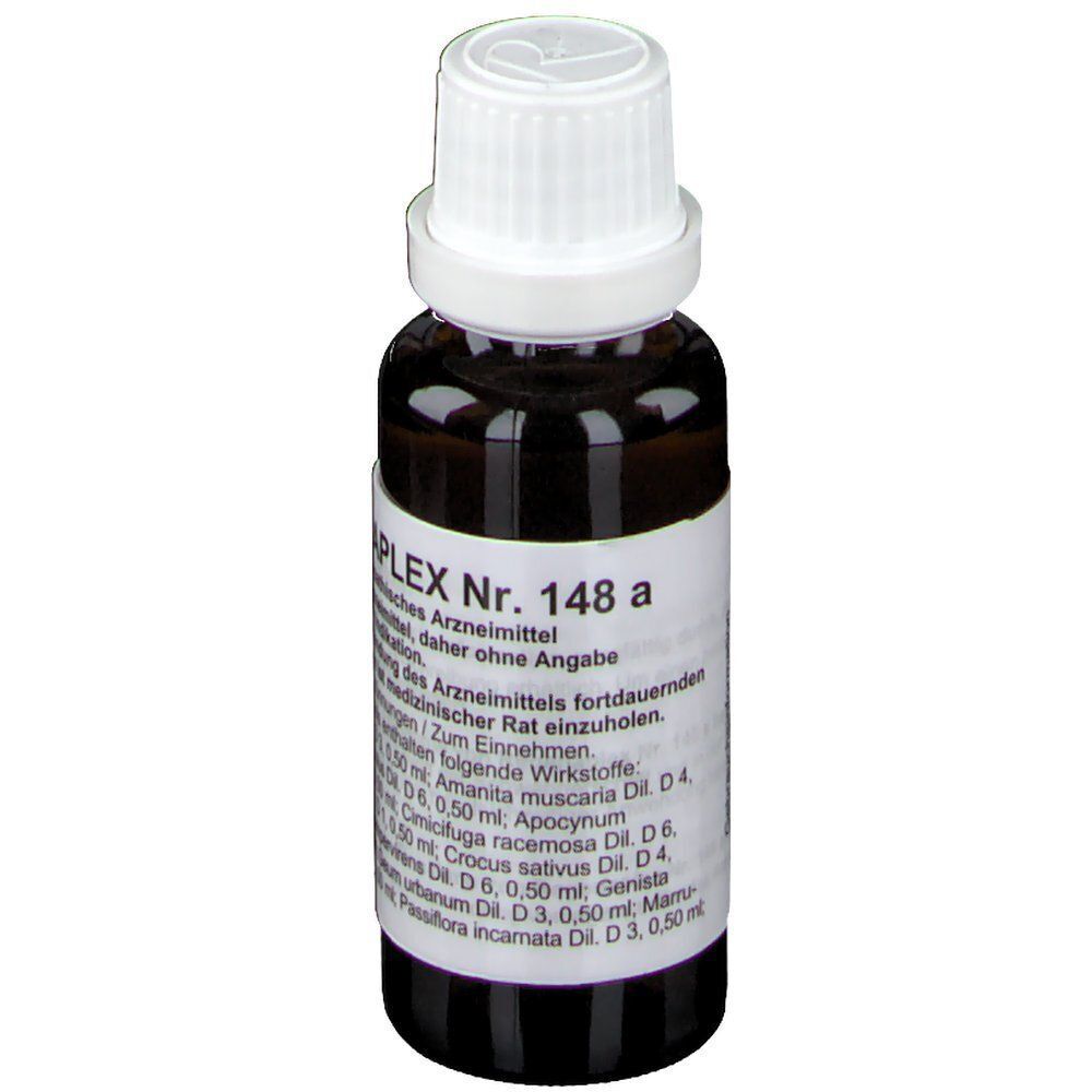 Braune Glasflasche mit weißem Schraubverschluss, gefüllt mit Regenaplex Nr. 148a. Etikett mit Informationen.