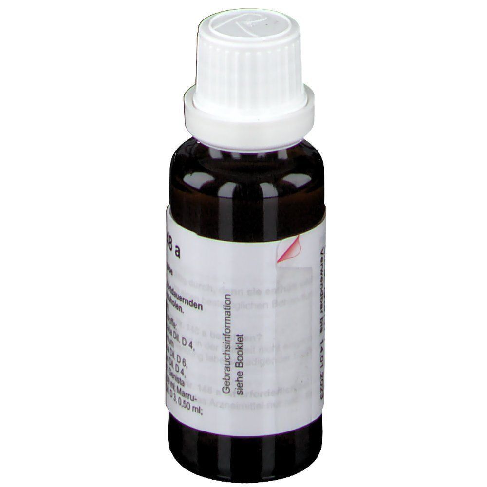 Braune Glasflasche mit weißem Schraubverschluss, gefüllt mit Regenaplex Nr. 148a. Etikett mit Informationen.