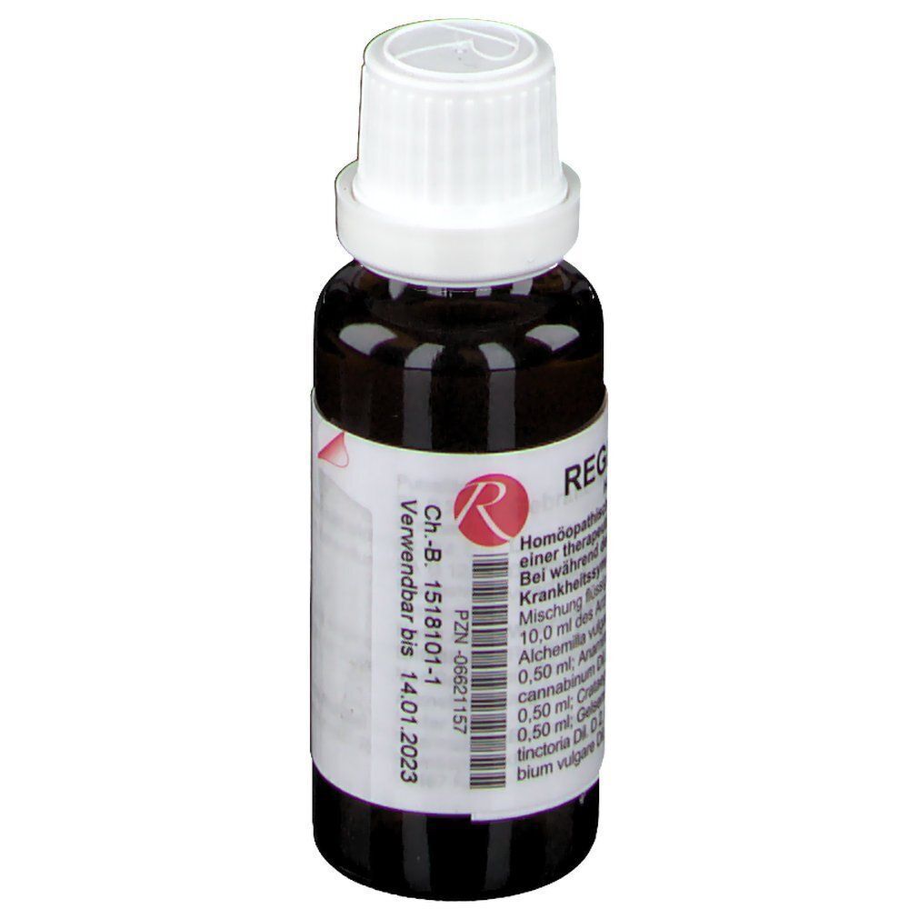 Braune Glasflasche mit weißem Schraubverschluss, gefüllt mit Regenaplex Nr. 148a. Etikett mit Informationen.