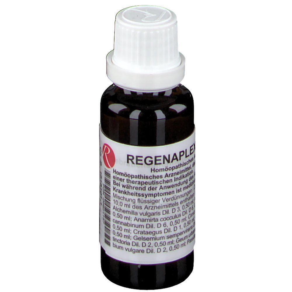 Braune Glasflasche mit weißem Schraubverschluss, gefüllt mit Regenaplex Nr. 148a. Etikett mit Informationen.