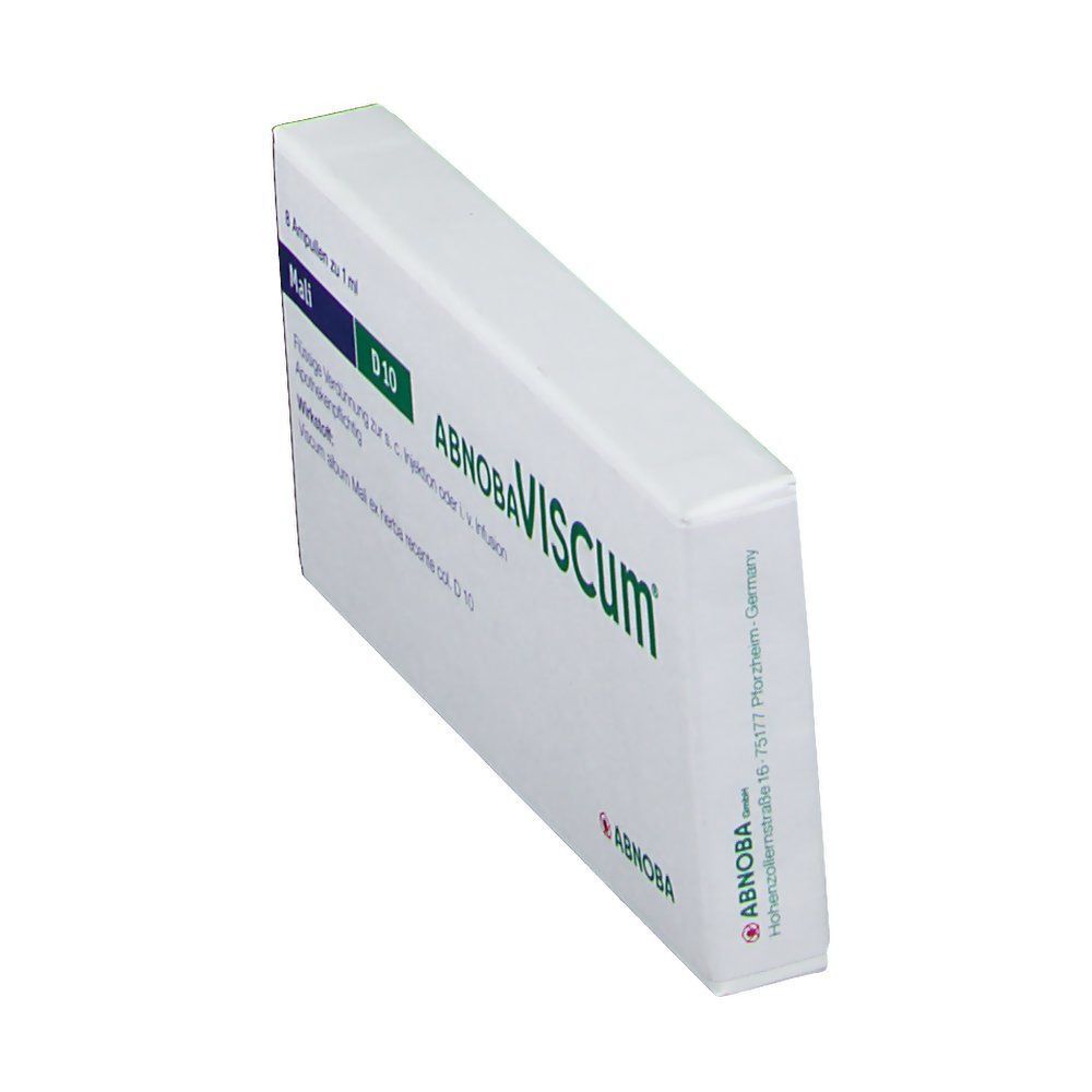 Packung abnobaVISCUM Mali D10 Ampullen, 8 Ampullen zu 1 ml. Flüssige Verdünnung zur s.c. Injektion oder i.v. Infusion.