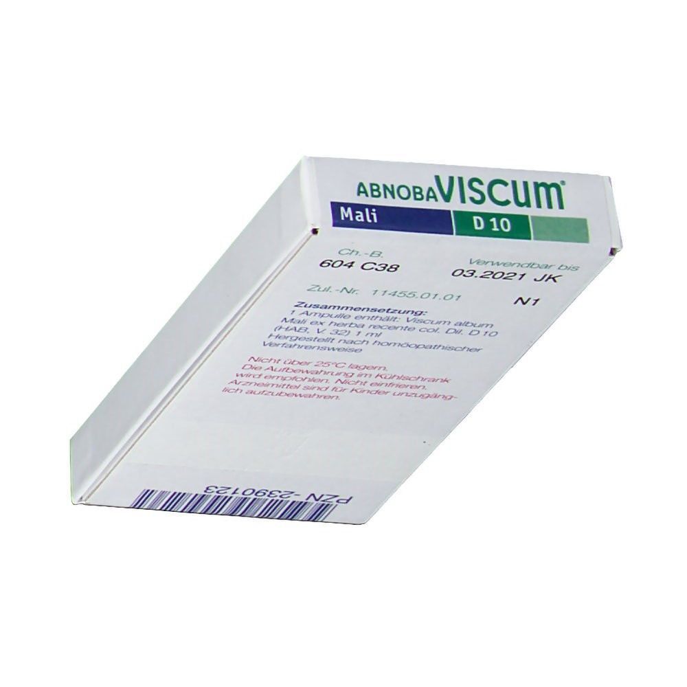 Packung abnobaVISCUM Mali D10 Ampullen. Zusammensetzung: 1 Ampulle enthält Viscum album Mali ex herba recente col. D10 (HAB, V. 32) 1 ml.