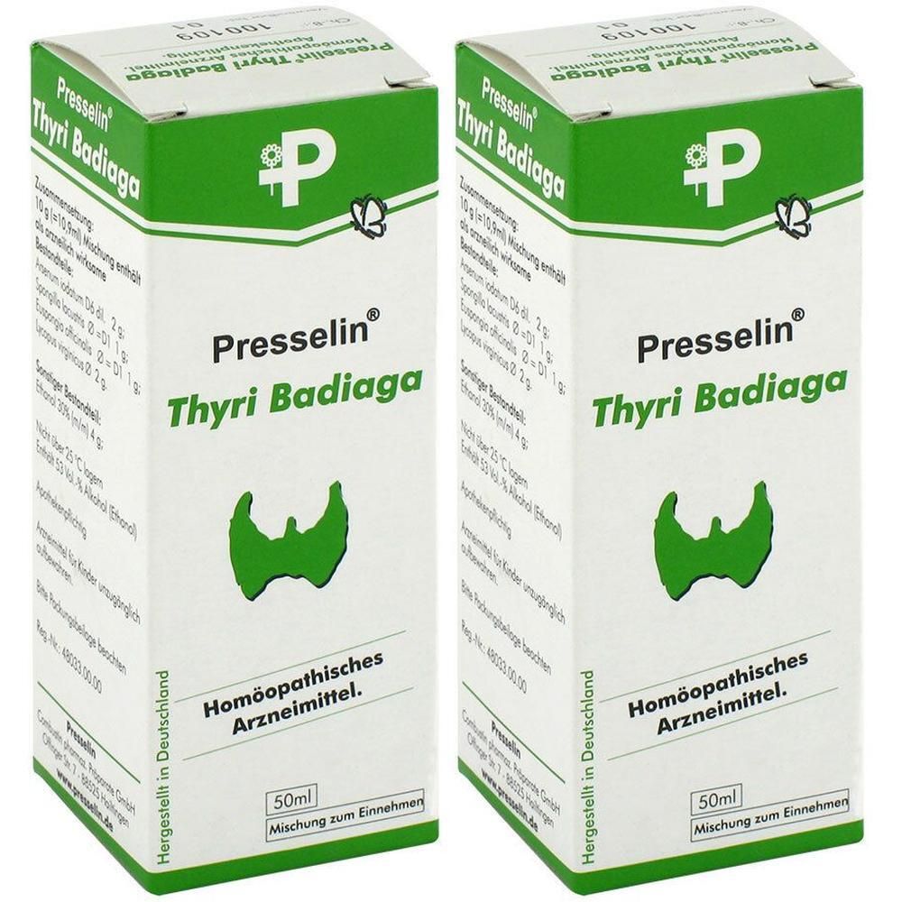 Zwei Packungen Presselin Thyri Badiaga, homöopathisches Arzneimittel, 50ml.