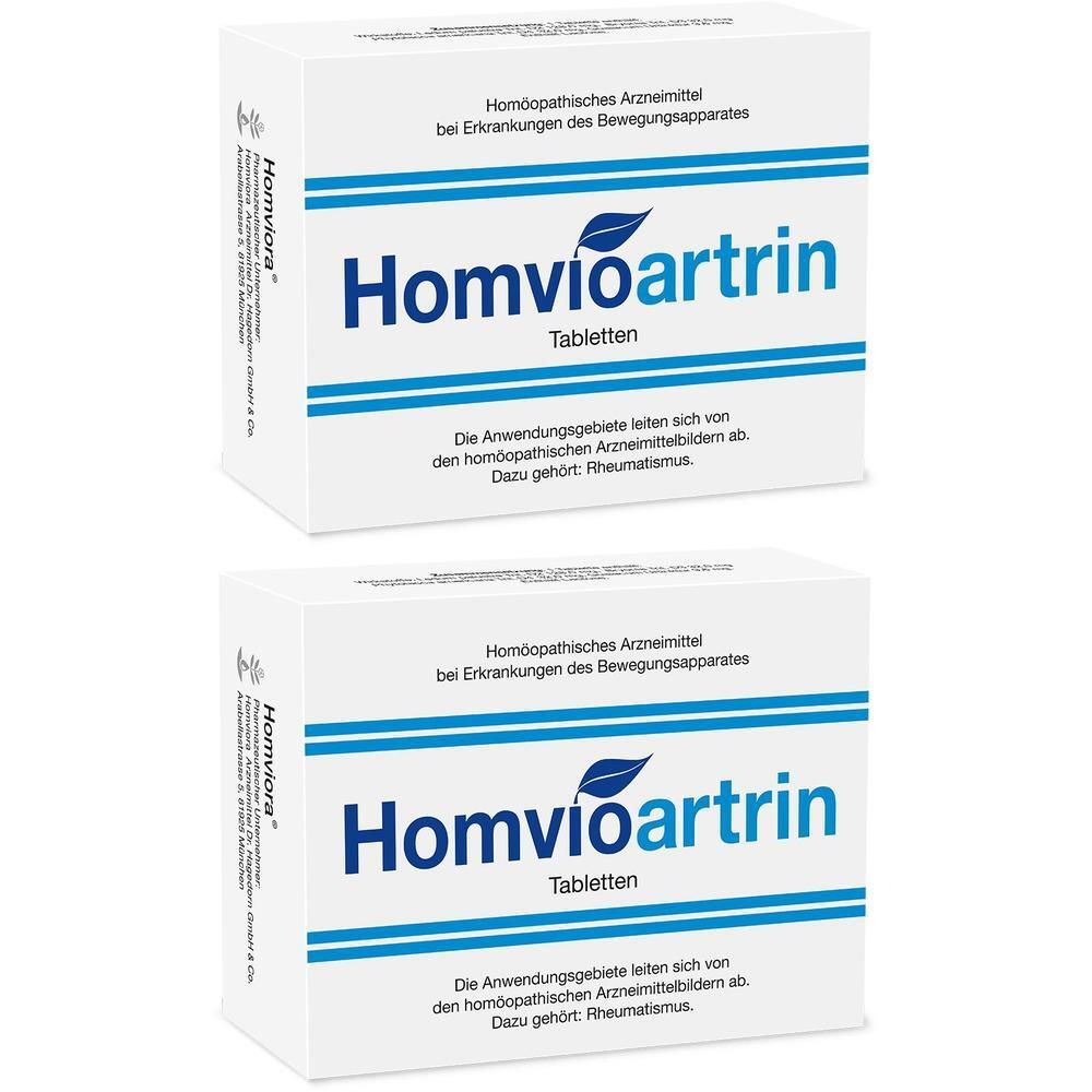 Zwei Packungen Homvioartrin Tabletten, homöopathisches Arzneimittel bei Erkrankungen des Bewegungsapparates.
