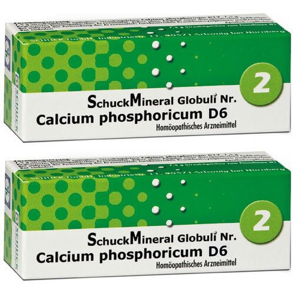Zwei Schachteln mit grüner und weißer Aufschrift. Aufschrift: SchuckMineral Globuli Nr. 2 Calcium phosphoricum D6. Homöopathisches Arzneimittel.