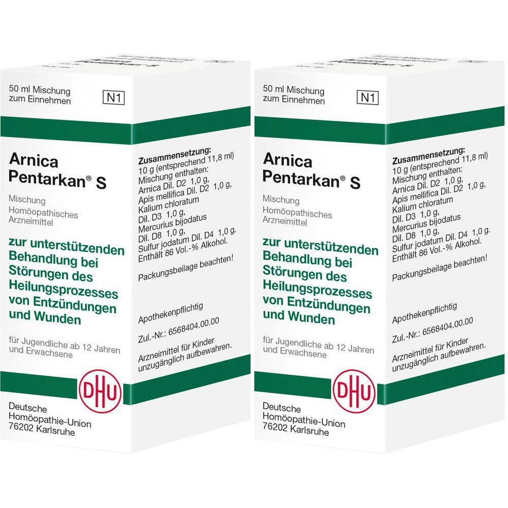 Zwei Flaschen Arnica Pentarkan S. Weiße Verpackung mit grüner Schrift. Enthält homöopathische Arznei. Logo der Deutschen Homöopathie-Union.