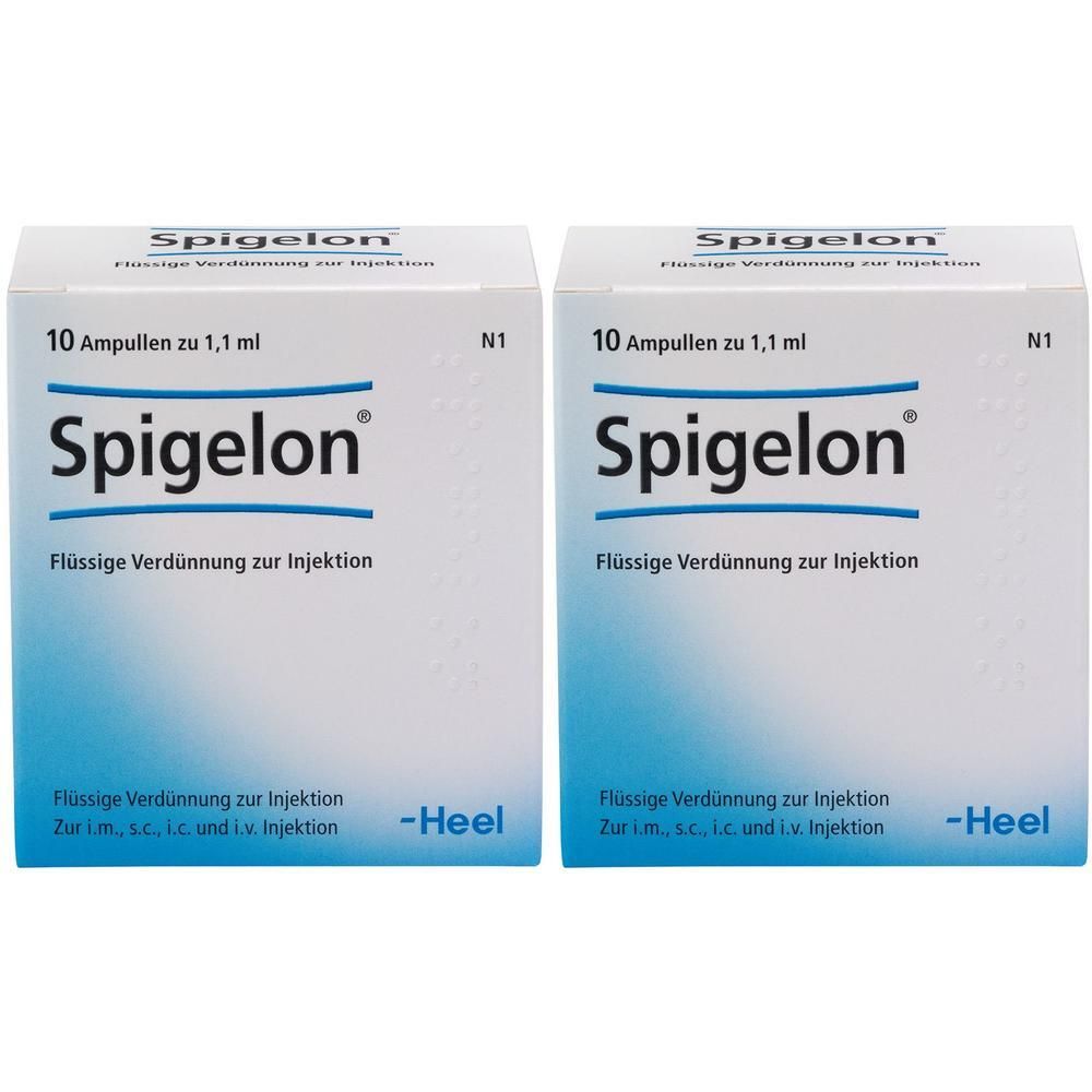 Zwei weiße Kartons mit Produktaufdruck. Aufschrift: Spigelon, 10 Ampullen, Flüssige Verdünnung zur Injektion. Marke Heel.
