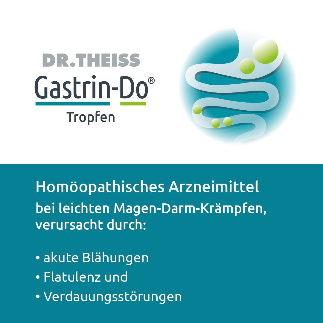 Blauer Hintergrund mit weißem Text. Logo DR. THEISS Gastrin-Do Tropfen. Auflistung von Symptomen: Blähungen, Flatulenz, Verdauungsstörungen.